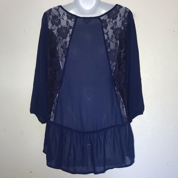 2/$20 Charming Charlie Chiffon & Lace Ruffle Navy Top L - Picture 5 of 5